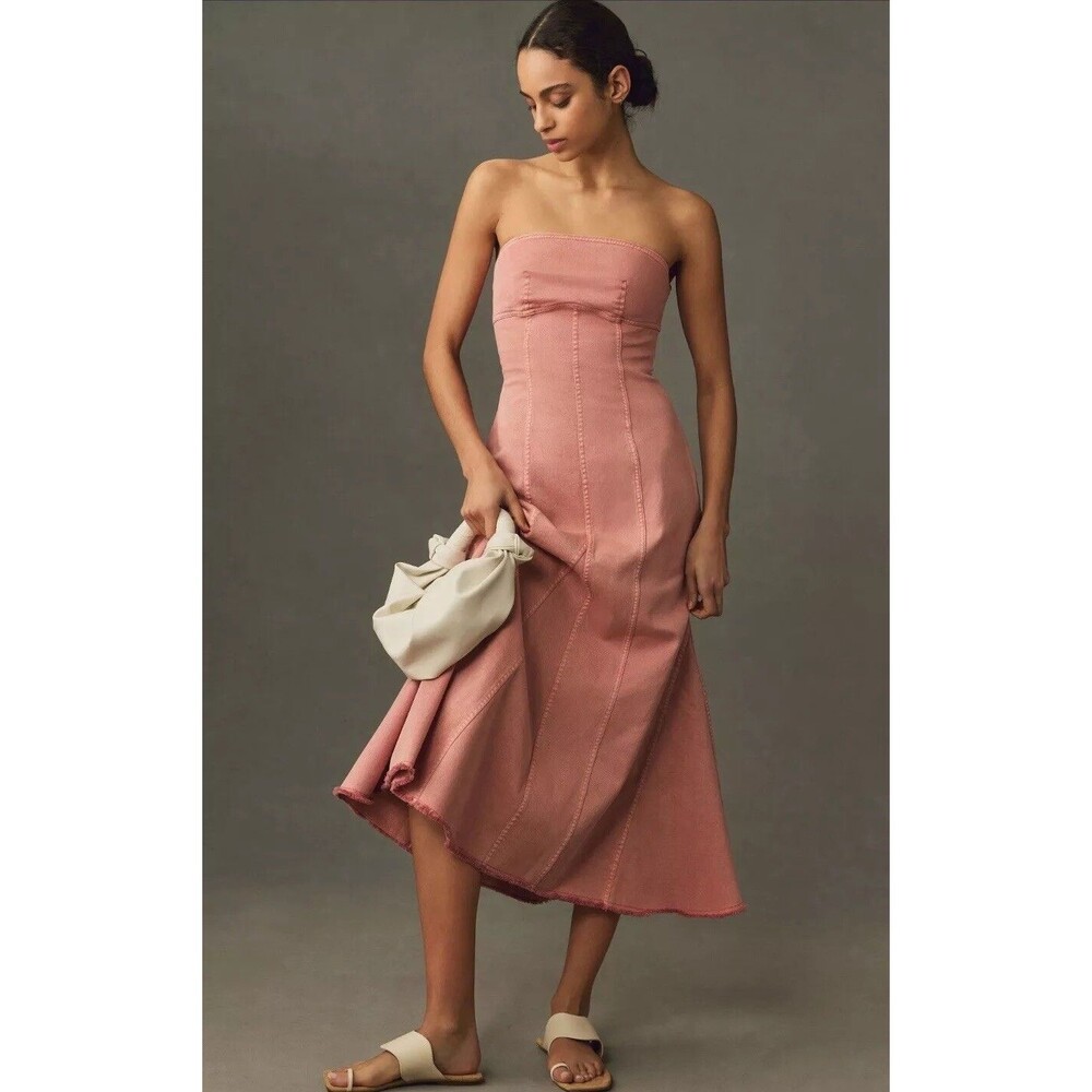 Anthropologie Pilcro Denim Dress Icon Fluted Coral Strapless Preppy Medium P NWT